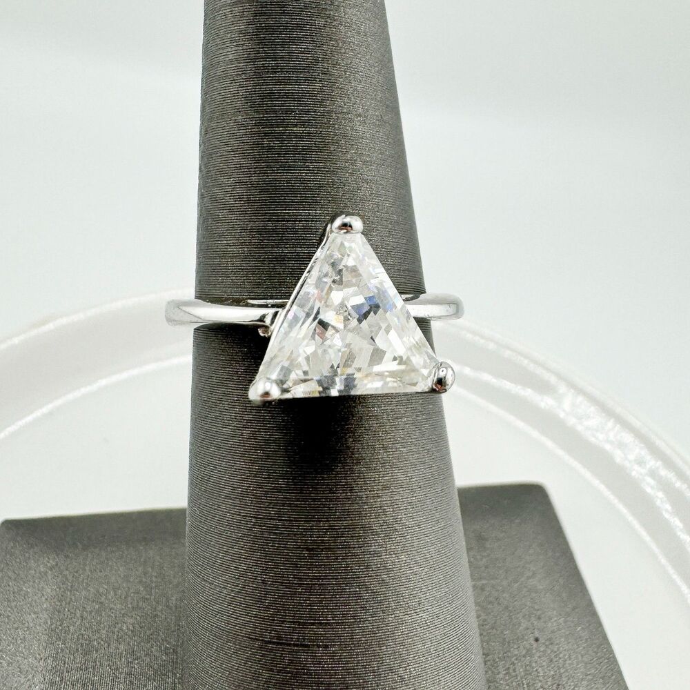 Vintage 925 Silver Triangle Cut CZ Solitaire Ring Geometric Statement Minimalist